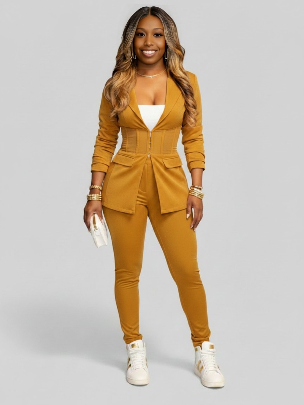 Chic mustard yellow blazer and matching pants for a polished look.